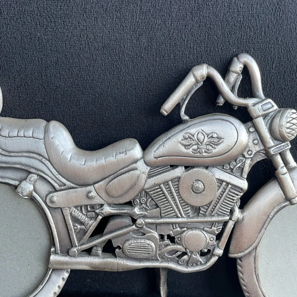 Pewter Harley Motorcycle Picture Frame Holds 2 Photos Signed WF
